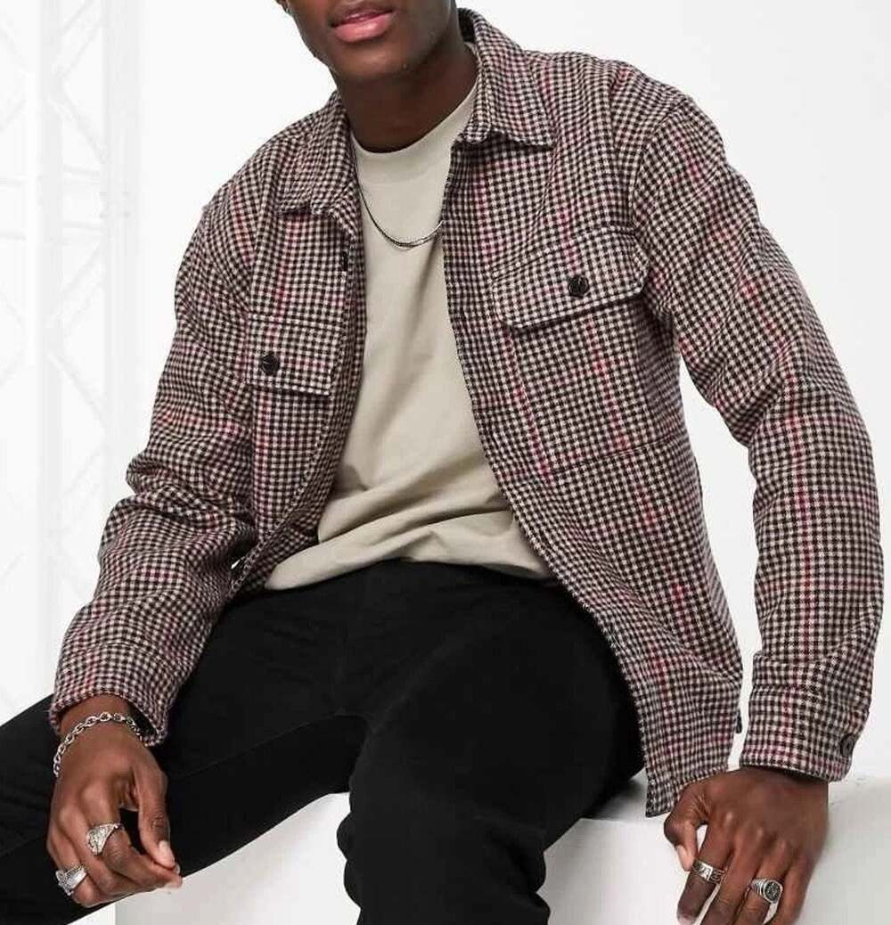 New Abercrombie Fitch Houndstooth Check Heavy Flannel Overshirt Tan XS Relaxed